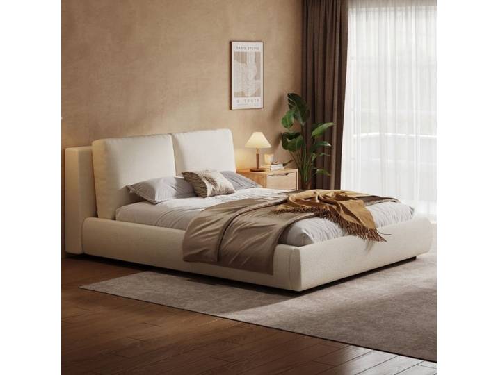 Bladez - Lit Coffre 180x200cm en Tissu Bouclé avec Rangement Hydraulique Design Incurvé - Beige