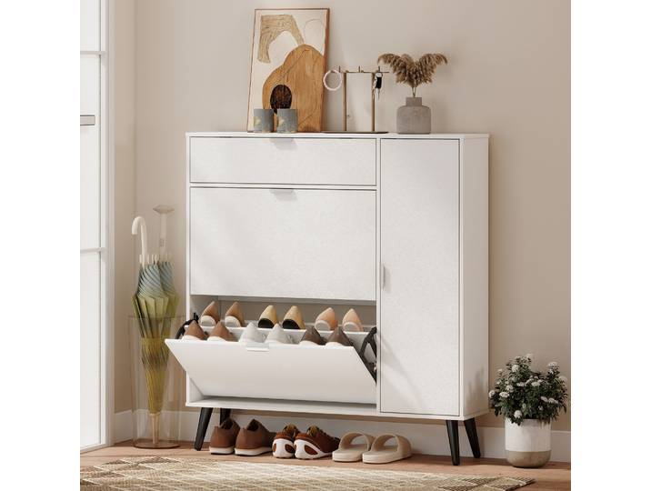 HOMCOM Meuble à Chaussures 2 Compartiments Étagères Réglables Blanc