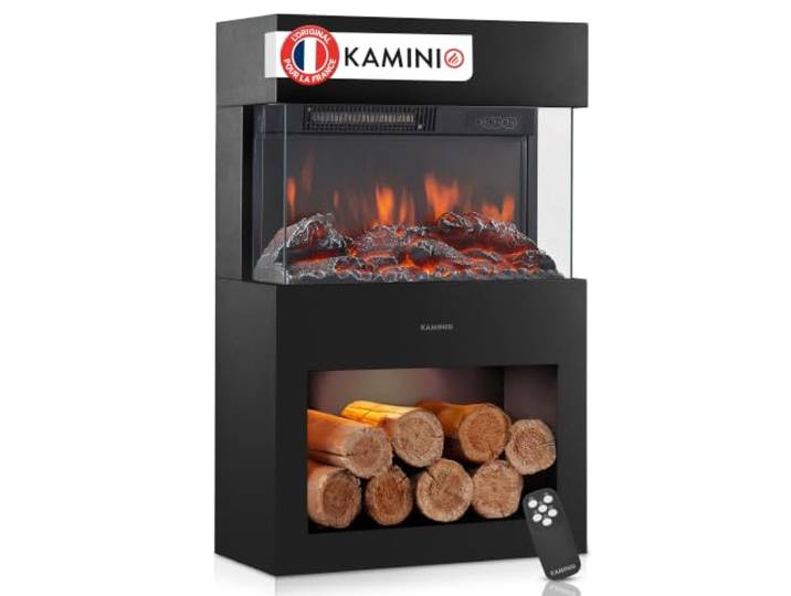 KAMINIO® Henri Cheminée électrique avec Chauffage Noire [poêle décoratif] Cheminée décorative sur pied avec effet de flamme\, feu 3D\, compartiment éclairé par LED\, thermostat\, minuterie\, télécommande