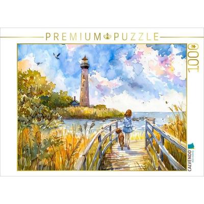 CALVENDO Puzzle Kind mit Hunde am Steg zum Leuchtturm | 1000 Teile Lege-Größe 64x48cm Foto-Puzzle für glückliche Stunden