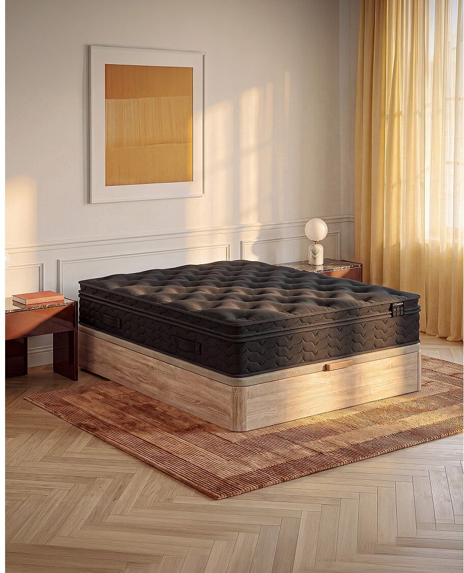 Unique Conjunto colchón y somier 160 x 200 cm - Colchón con somier canapé color natural claro + colchón híbrido muelles ensacados, pillow top integrado y tapizado negro, grosor 30 cm - GAMIANI de YSMÉE