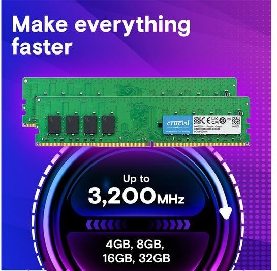 Crucial DDR4 3200MHz CL22 UDIMM Desktop Memory - 8GB
