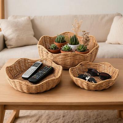 Garvee 3 pcs Rattan Storage Baskets, Round Wicker Bread Basket Storage Bins,Woven Fruit Bowls Key Holders Stackable