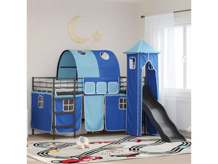 Metallrahmen Spielplatz Design Loftbett mit Rutsche Schwarz Blau 99 5 x 200 Kinderloftbett Schwarz Blau 99,5x200 cm Metall Hochbett mit Rutsche Matratze und Vorhang Spielbett für Kinder