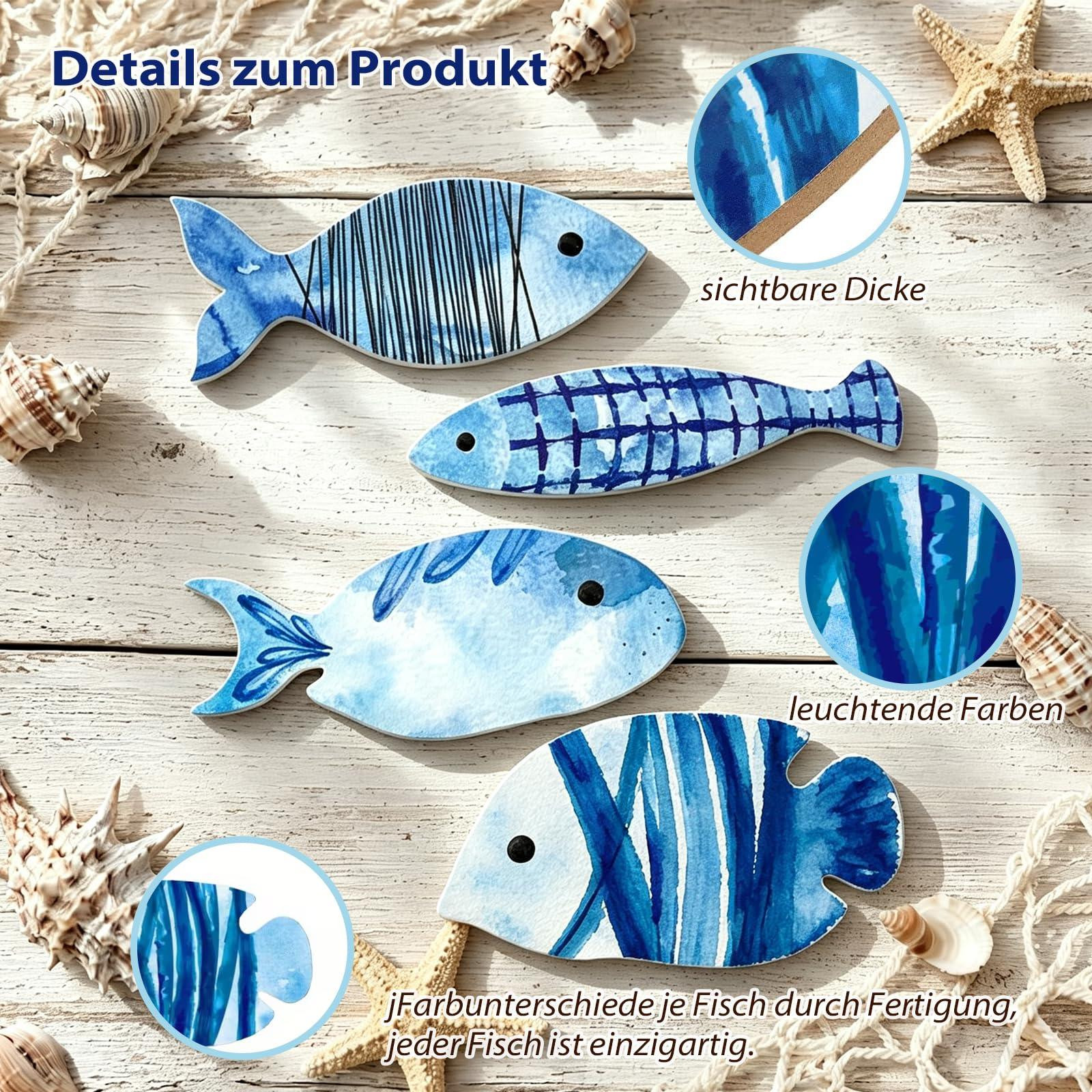 Set van 4 houten vissen wanddecoratie in blauwe maritieme stijl