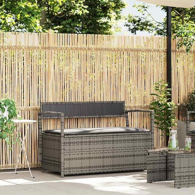 Gartenbank mit Stauraum und Kissen Grau Poly Rattan wetterfeste Outdoor Sitzbank mit Stauraum und abnehmbarem Kissen für Terrasse Balkon Veranda
