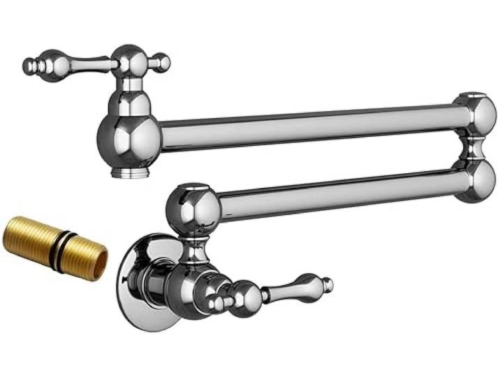 Delnet Topffüller, Wasserhahn, massives Messing, faltbar, Küchenspüle, Einloch, zwei Griffe, Wandmontage, schwenkbarer Topffüller, Wasserhahn, Chrom