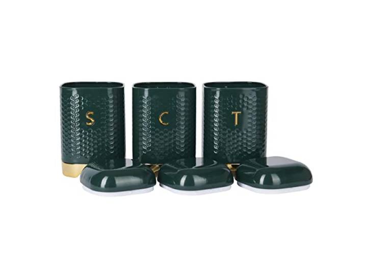 KitchenCraft Boîte de rangement pour le thé\, le café et le sucre\, vert chasseur et or\, 11\,5 x 11\,5 x 19\,5 cm