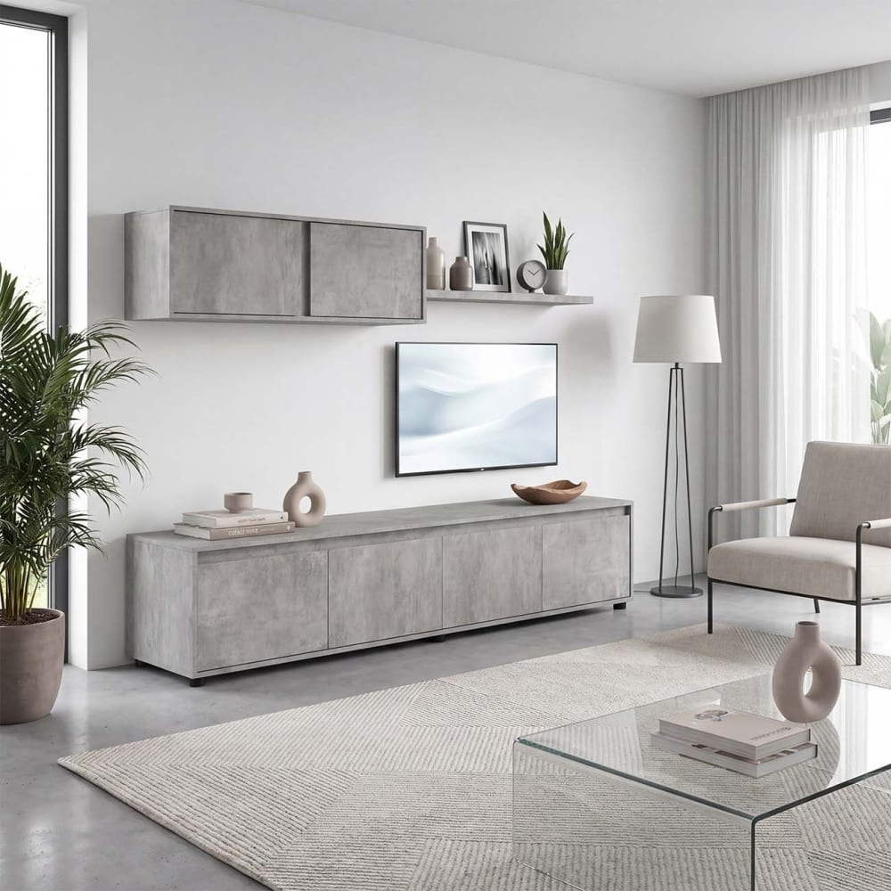 duehome Salón con mueble de tv y estantería 200 cm melamina gris cemento