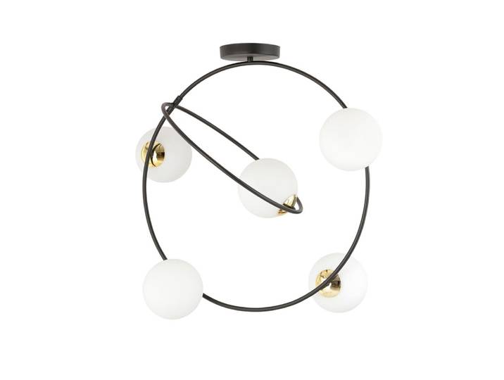 Plafonnier avec anneaux noirs et 5 sphères en verre blanc