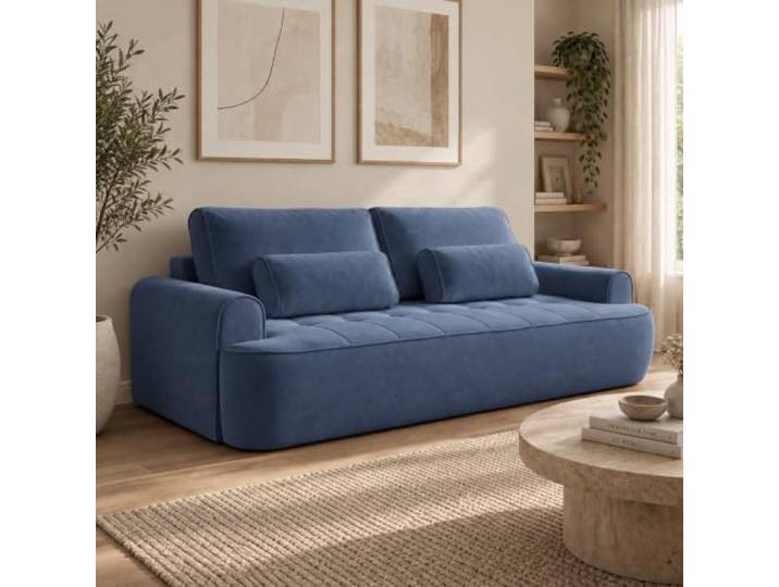 Home Collective Schlafsofa mit Bettkasten 250 cm Blau Gästebett, Ausziehcouch, Veloursstoff, Easy-Clean, quadratische Steppung, inklusive Zierkissen, Wohnzimmer Möbel