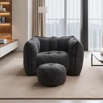 Modern Chenille Bean Bag Chair with Footstool, High Resilience Foam Filled Square Floor Sofa with Armrests & Handle
