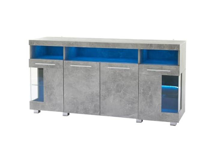 Sideboard 140x70cm Glas Zementfarb mit LED Licht MDF & Spanplatte, Hartglastüren, 140 x 40 x 70 cm, App-Steuerung für LED, Tragkraft 80 kg, Zementgrau