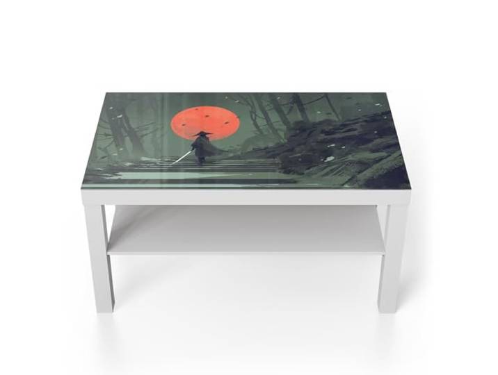 DEQORI Glastisch weiß groß 90x50 cm Motiv Waldweg zum Mond ausgefallener Beistelltisch aus Glas Hochglanz Couchtisch fürs Wohnzimmer moderner Couch Tisch mit Design