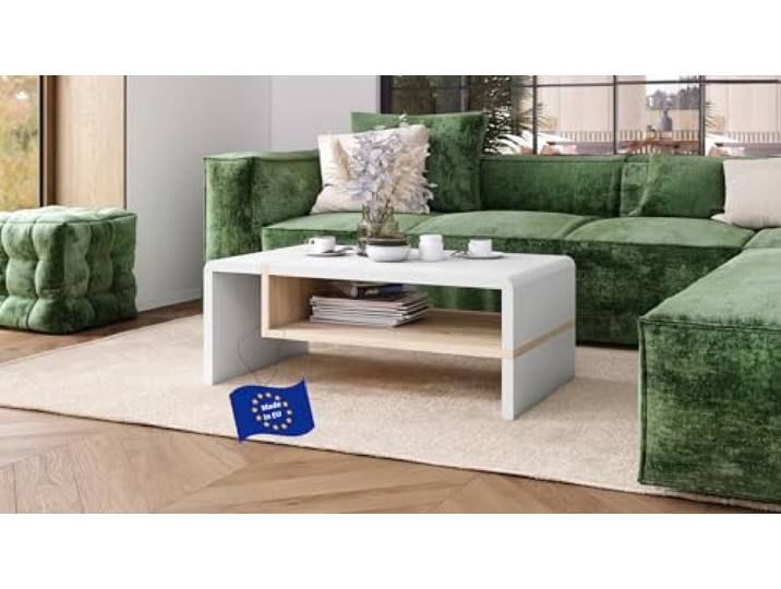 Folk Couchtisch Weiß matt / Sonoma Eiche 100x60x40 cm mit praktischer extra Ablage modern stabil Wohnzimmertisch Beistelltisch Sofatisch zeitloses Design platzsparend Wohnzimmer kleine Räume