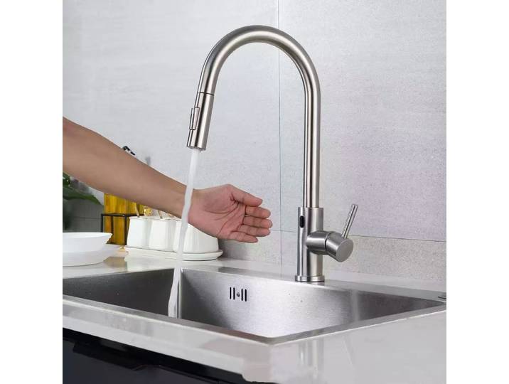 Robinet de cuisine intelligent sans contact, finition brossée, avec capteur infrarouge, noir/nickel, mitigeur d'eau infrarouge