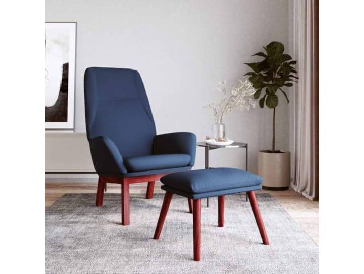 Relaxsessel mit Hocker Blau Stoff Massives Kautschukholz,Metallgestell,atmungsaktiver Stoff,Fußablage,zusätzliche Sitzgelegenheit,kompakte Größe