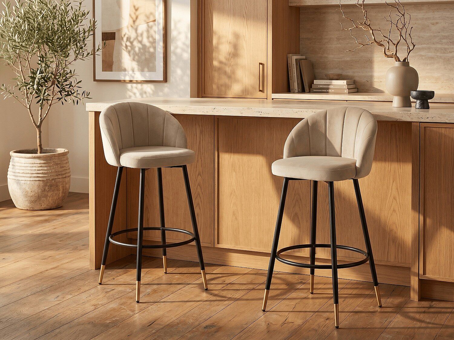 Unique Conjunto de 2 taburetes de bar de terciopelo y metal - Beige - ELIRAM