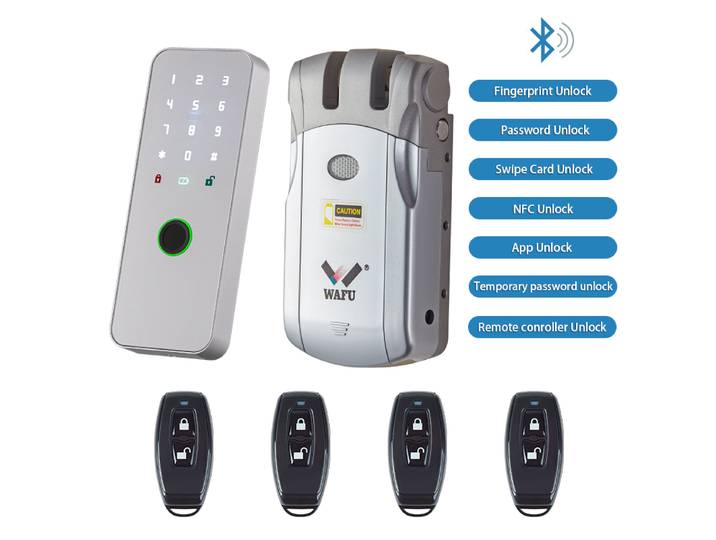 WAFU 019 Serrure de porte intelligente à empreinte digitale et télécommande, serrures intelligentes à code, serrure invisible 433Mhz, serrure de rechange intérieure pour porte
