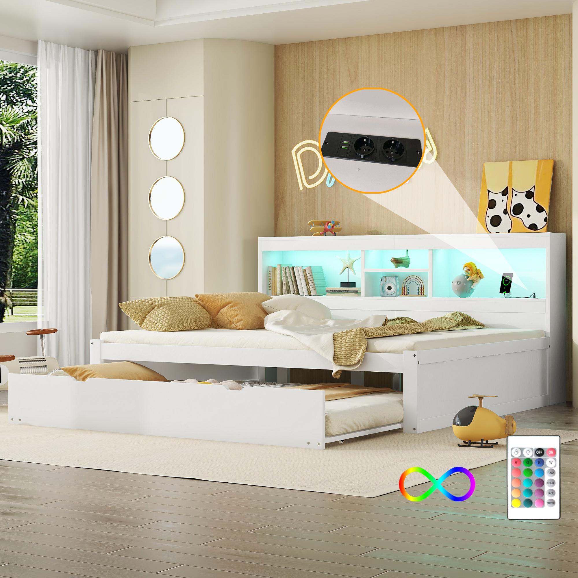 Sweiko Schlafsofa, Daybett, Tagesbett, 140x200cm , Mit LED-Leuchten, Bettseitiges Staufach, Ausziehbares Bett, Steckdose + USB, Ohne Matratze, Weiß
