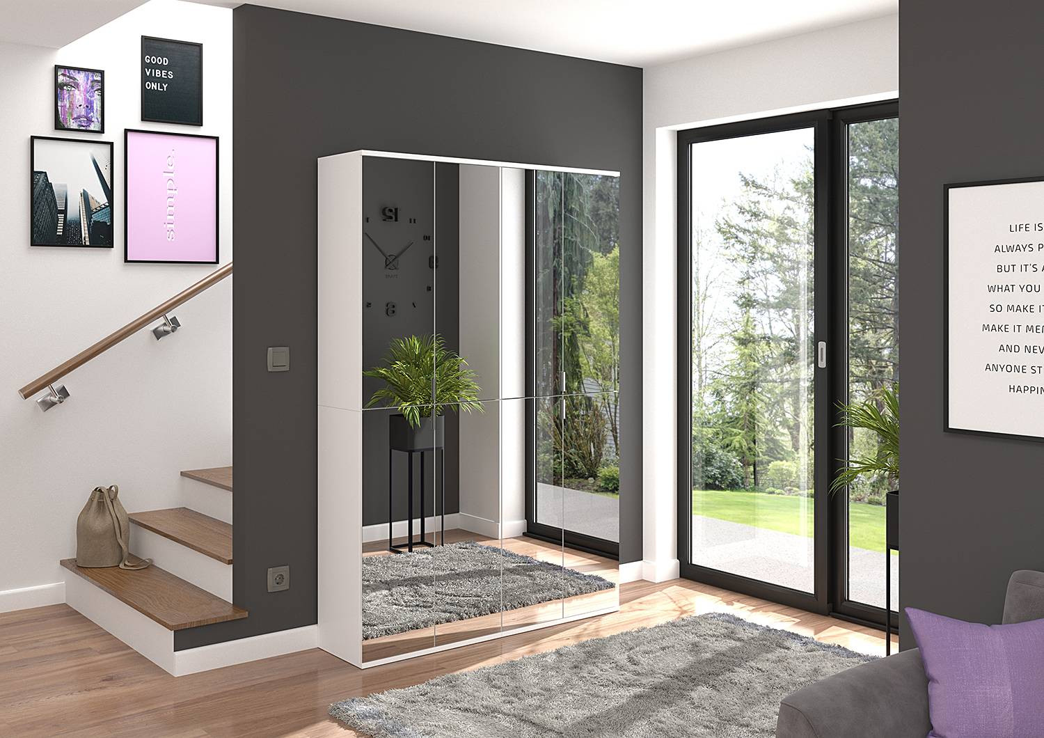 home24 Halkast type A wit met spiegeldeur en glazen deuren, Breedte: 61 cm
