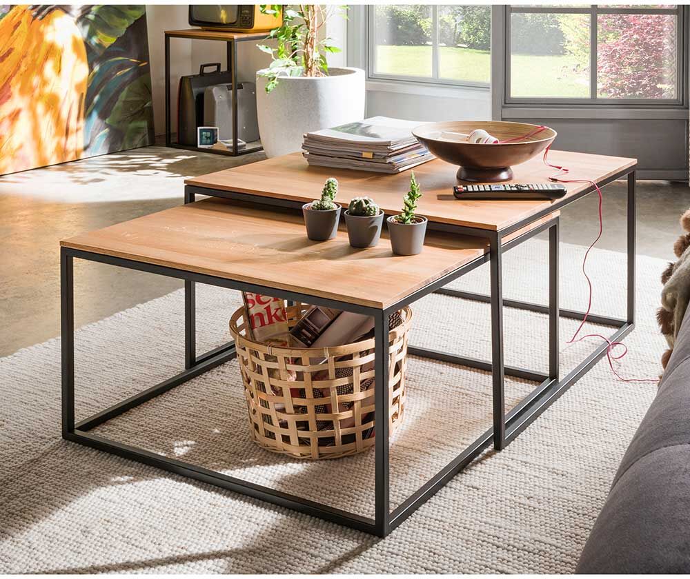 Pharao24.de Couchtisch Set aus Asteiche Massivholz Metall (zweiteilig)