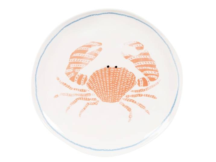 Flacher Teller aus geformtem Keramik mit Krabbenmotiv, weiß und orange