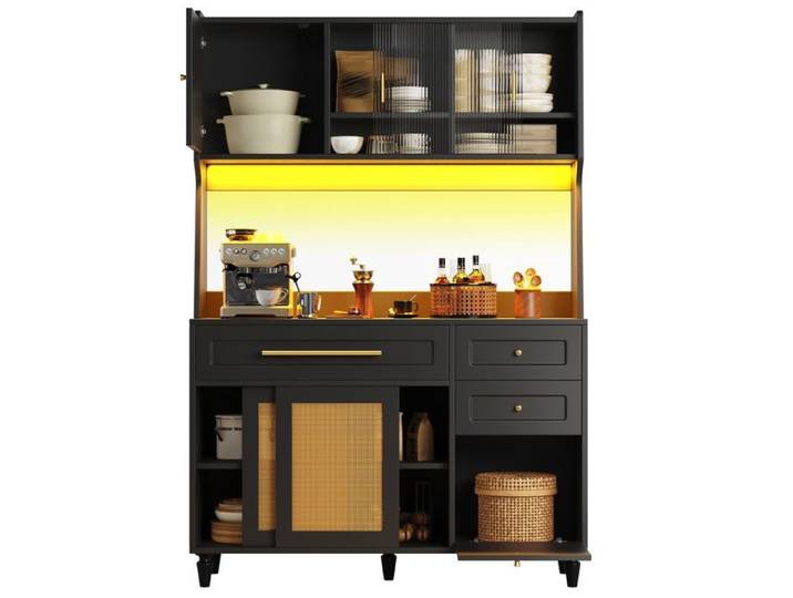 Buffet haut de cuisine Noir meuble moderne avec LED avec 3 tiroirs plan de travail 120x45x195.5cm cuisine salon