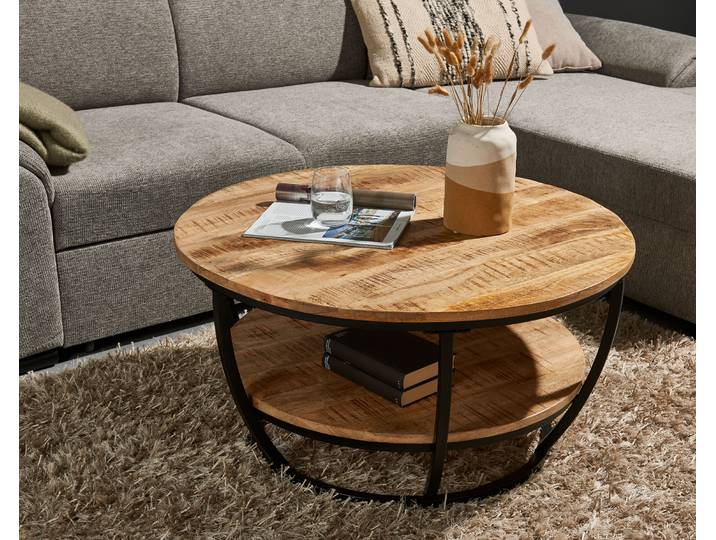 Couchtisch STOLKOM Jambi , gelb (mango, schwarz, mango), H:44cm, Tische, Couchtisch, rund Massivholz mit Ablage