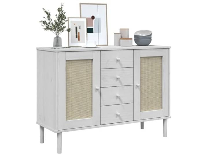 KTHLBRH Sideboard Senja weiß 112 x 40 x 80 cm Massivholz Kiefer 4 4 Fächer, Rattanoptik, UV-Lack, Holzgriffe, robuste Tischplatte