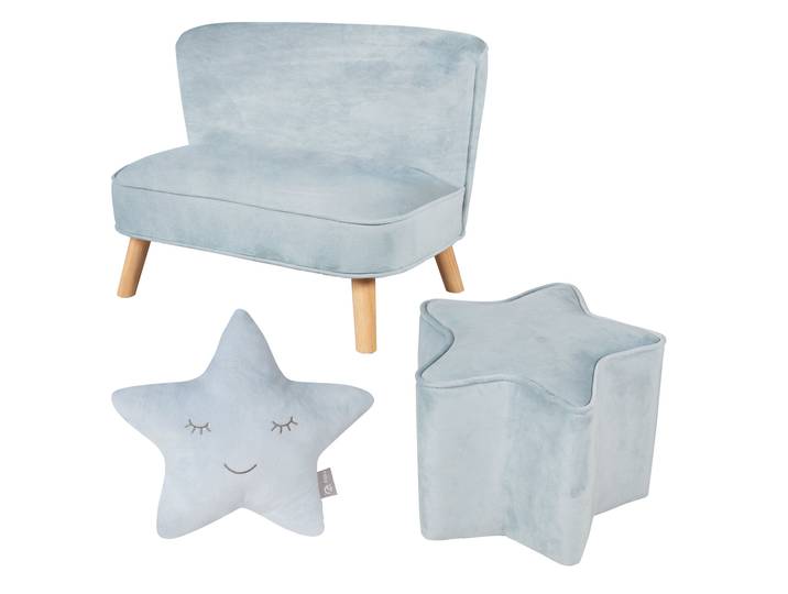 Bundle 'Lil Sofa' inkl. Kindersofa, Sternenhocker & Dekokissen Stern in hellblau/sky