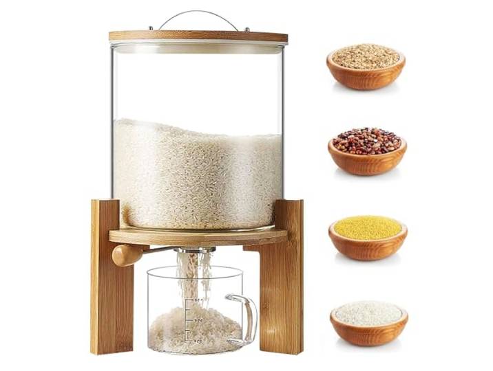 VFDZ Reisspender mit Messbecher, Feuchtigkeits und Staubdicht (Size:5L) Müslispender Glas, Vorratsdosen Glas mit Deckel, Lebensmittelspender Glas für Bohnen, Reis, Cereal Getreide