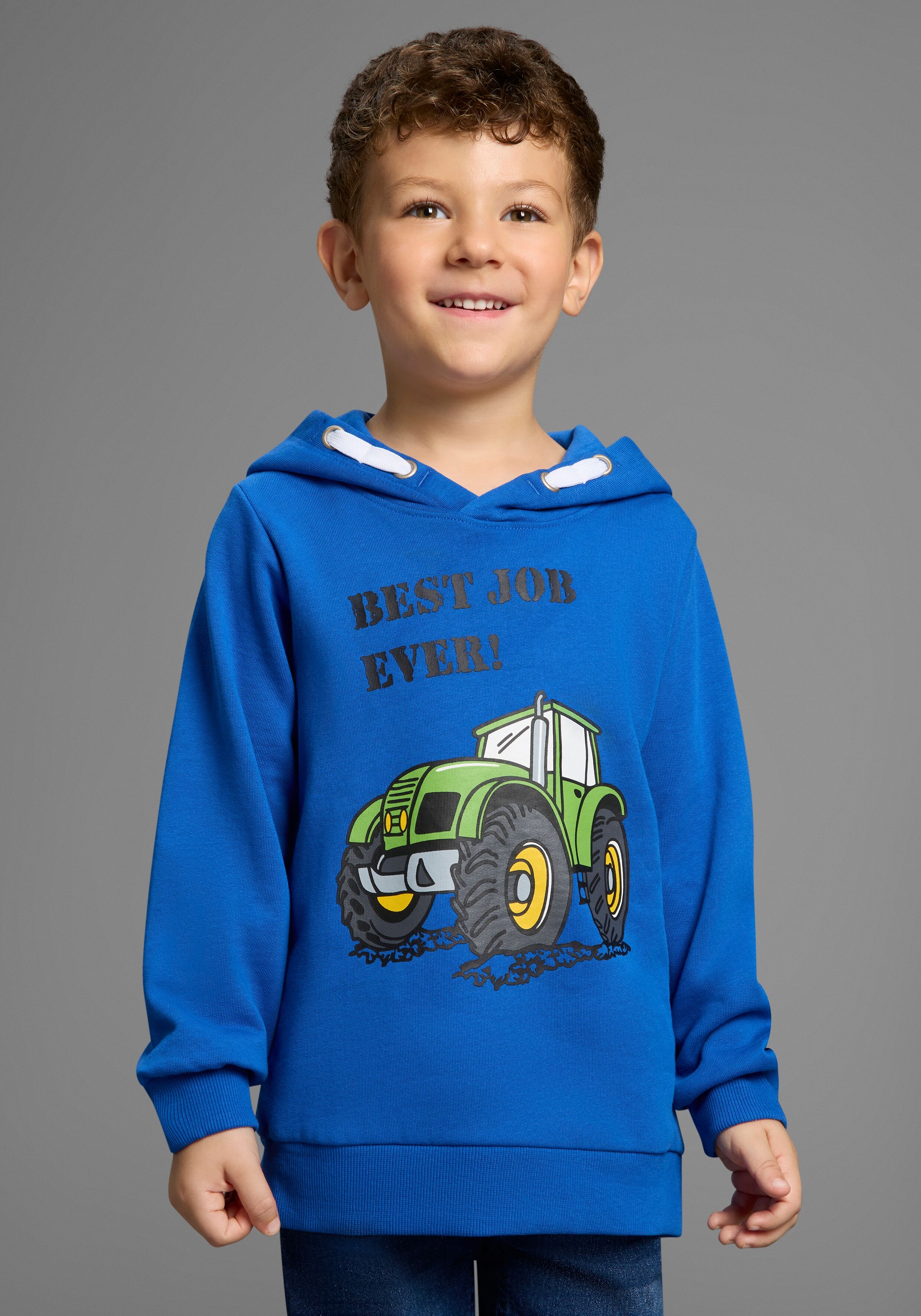 Kapuzensweatshirt KIDSWORLD "BEST JOB EVER", Jungen, Gr. 140/146, blau (royalblau), angeraute Sweatware, Obermaterial: 100% Baumwolle. Kapuzenfutter: 100% Baumwolle, bedruckt, Basic, Bündchen, Sweatshirts Kapuzensweatshirt, Kapuzensweatshirt mit Traktor-P