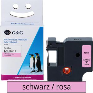 GG-image kompatibel für Brother TZe-R431,  Schriftband, 12mm, Länge 4m, schwarz/rosa, nicht klebendes Textilband