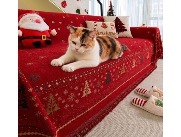Widerstandsfähige Weihnachten Stil dicke Spur Sofa werfen (D,180x460cm) Katze kratzfester Schutz, Weihnachtsabdeckung für Weihnachtsdekoration, Geschenk, Schlafsofa, Sofa
