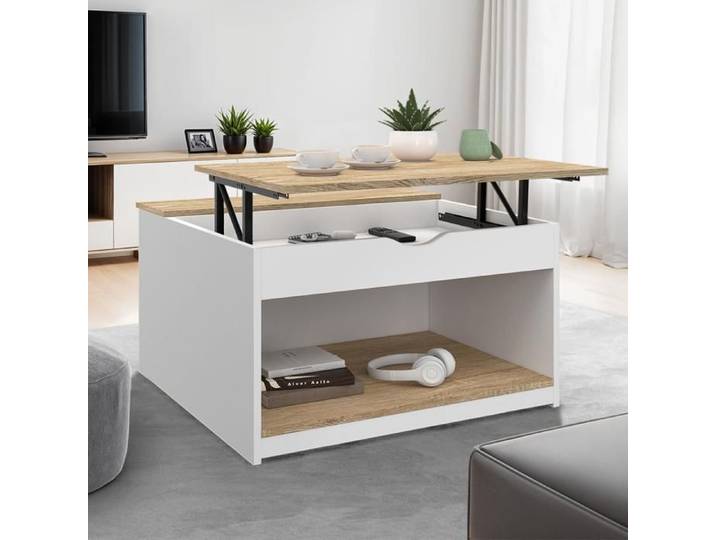 IDMARKET Table basse plateau relevable carrée ELEA avec coffre bois blanc et façon hêtre