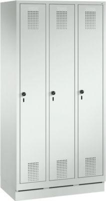 Kleiderspind Evolo S 3000, 3 Abteile, Stahl, Sockelhöhe 100 mm, Sicherheitsdrehriegelverschluss, lichtgrau/lichtgrau