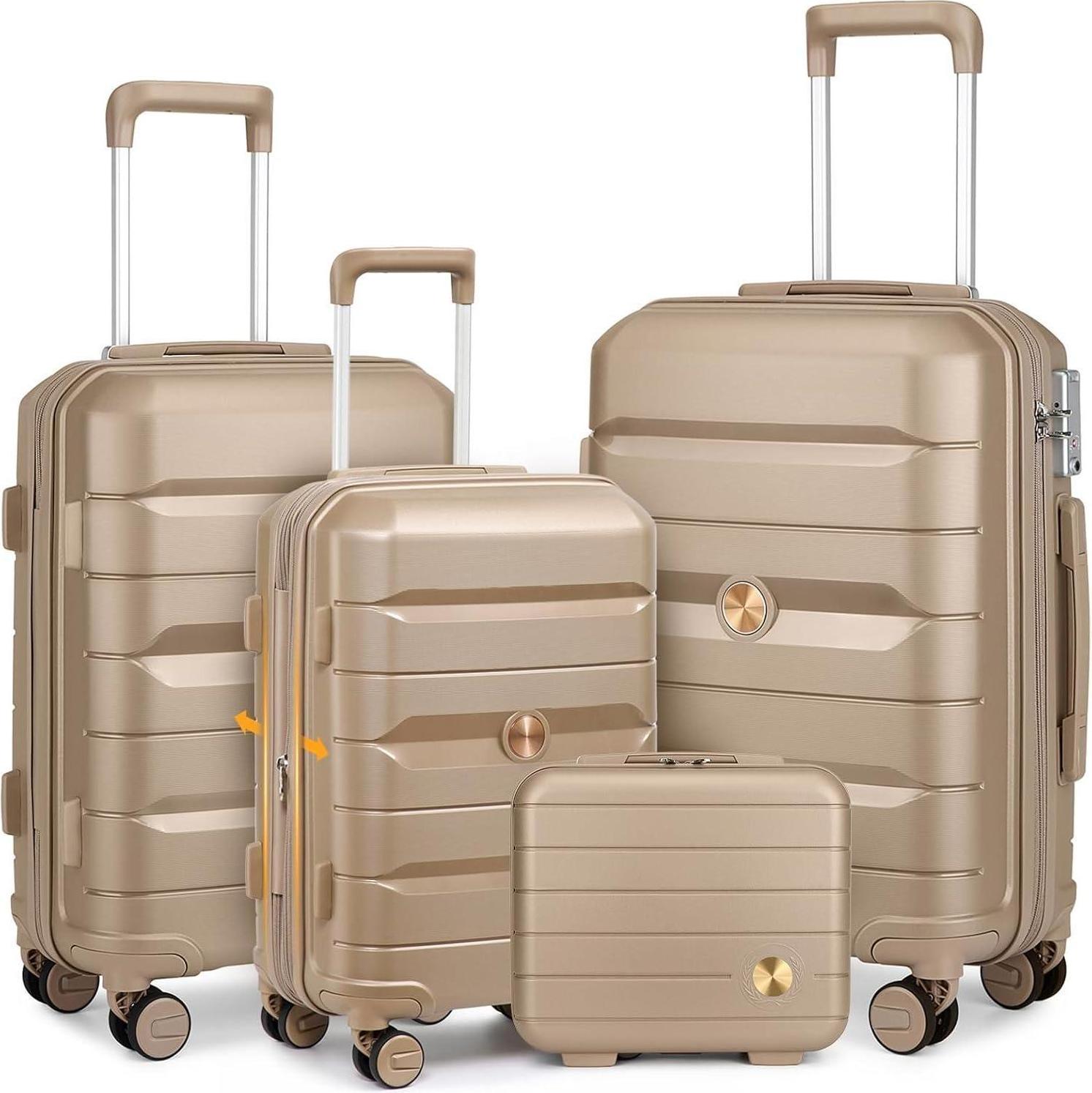 Hartschalenkoffer Set 4-teilig S/M/L/XL Rollkoffer Handgepäck 100% PP mit TSA Schloss Gold