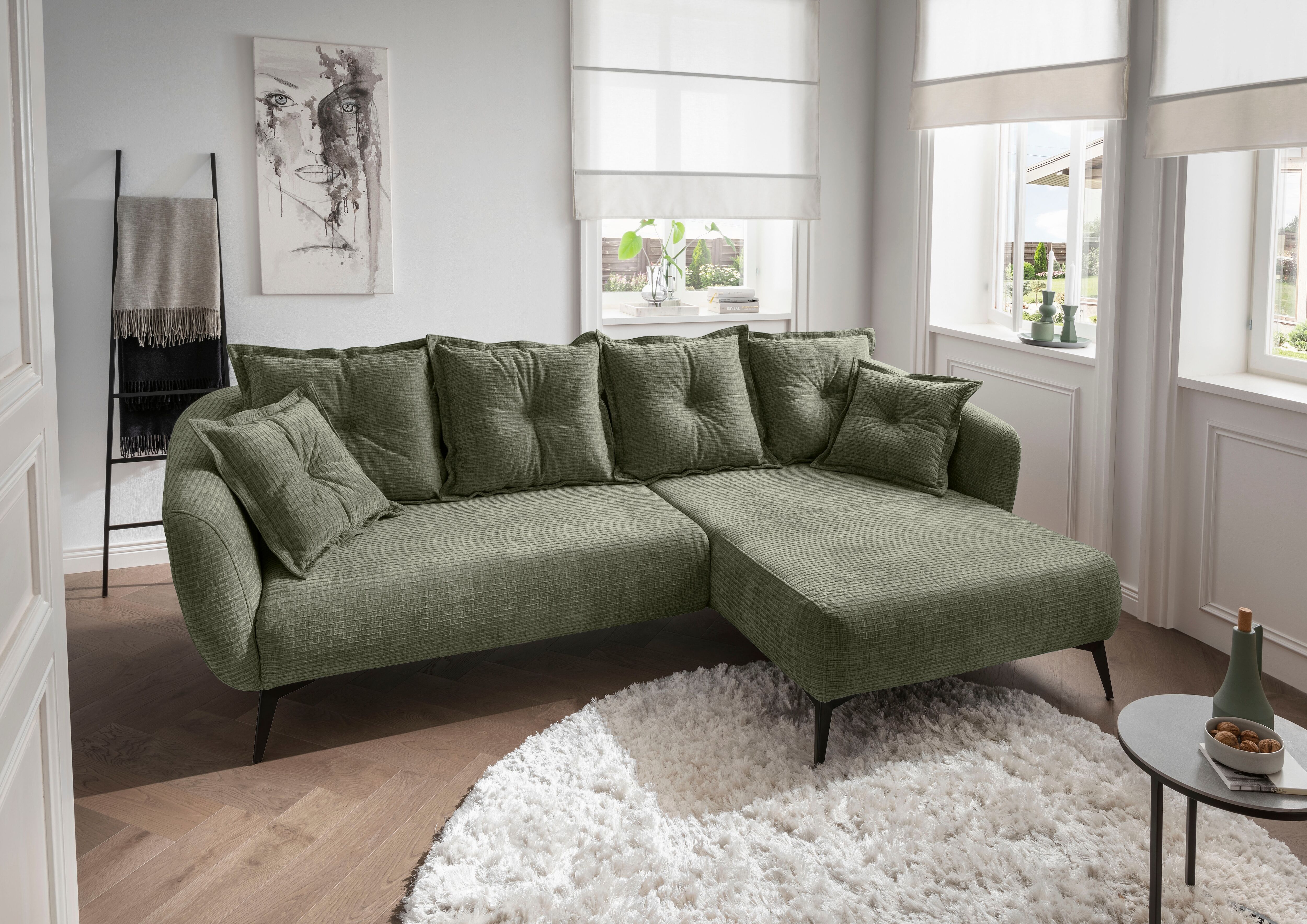 Ecksofa HOME AFFAIRE "Baggio Stellmasse 277/162 cm, modern & elegant, hoher Fuss", olive, B:277cm T:162cm, 100% Polyester, Sofas, Ecksofa, L-Form, schwarze Metallfüsse olive B/H/T: 277cm x 162cm, Velours, Recamiere rechts