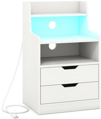 Costway Nightstand with LED Light and Charging Station for Living Room Bedroom-White