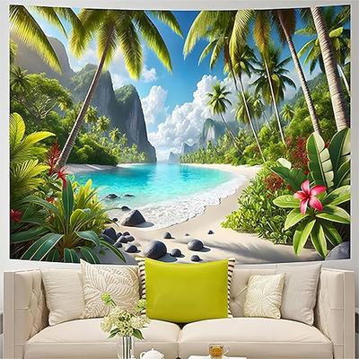 Tropischer Strand-Wandteppich mit Palmen, Meer, Küstenlandschaft, weißem Sand und Inselmotiv – Kunst für Wohnzimmer, Schlafzimmer und Zuhause