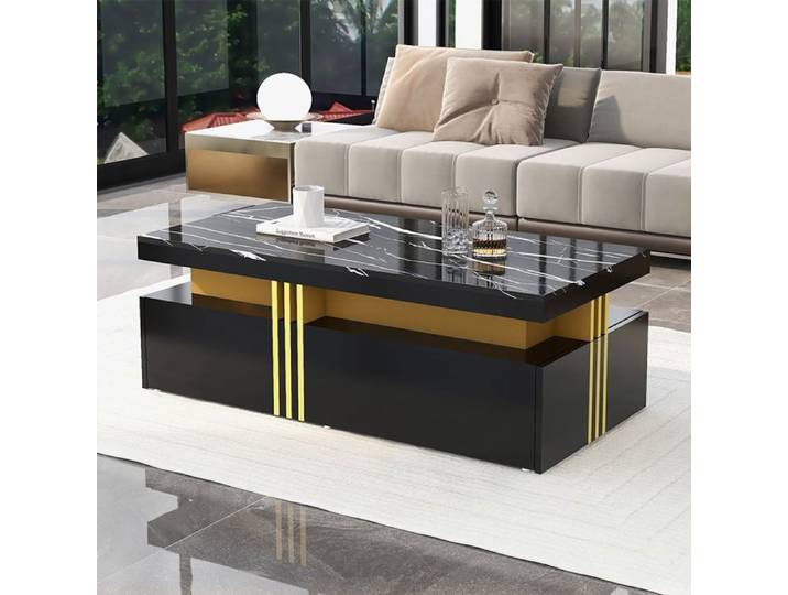 Table basse rectangulaire moderne- SEYAKANY-avec plateau brillant avec 2 tiroirs en bois-100 x 50 x 40 cm-Noir