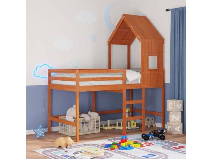RJPLMFV Hochbettgestell, Braun, gewachst, 90 x 190 cm, massives Kiefernholz Integrierte Sicherheitsstange, inklusive Latten, stabile quadratische Beine, Platz unter dem Bett für Büro