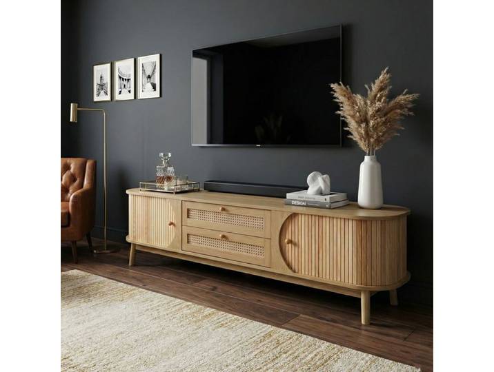 Meuble TV 170x39 5x46cm avec 2 portes et 2 tiroirs bois massif - couleur naturelle.