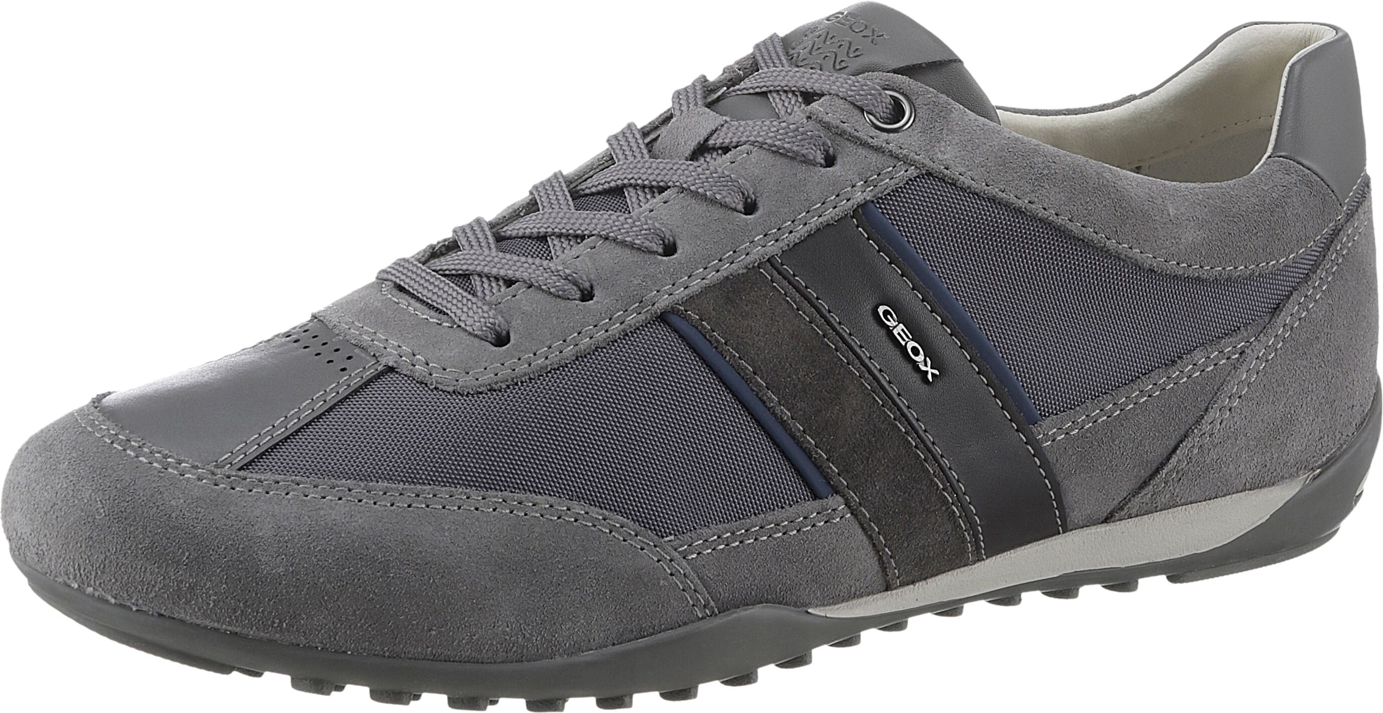 Sneaker GEOX "U WELLS C", Herren, Gr. 44, Synthetik Textil, grau (dunkelgrau), Synthetik, Textil, Veloursleder, Schuhe Sneaker, Casual Schuh, Schnürschuh mit Logoverzierung dunkelgrau 44, Synthetik Textil