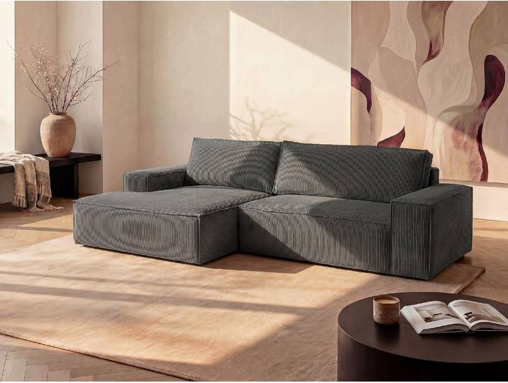 Ecksofa mit Schlaffunktion - Ecke Links - Cord - Anthrazit - AMELIA