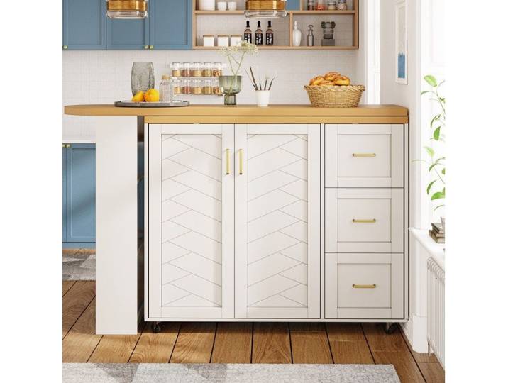 Desserte De Cuisine Extensible Blanche Desserte De Bar FloraGrace Pour Cuisine Et Salon Avec Roulettes 135-228x39x104cm