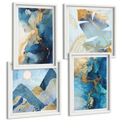 BILDER SET 4er Set - 50x50 cm & 40x60 cm Weißer Rahmen - Goldmuster in den blauen Bergen
