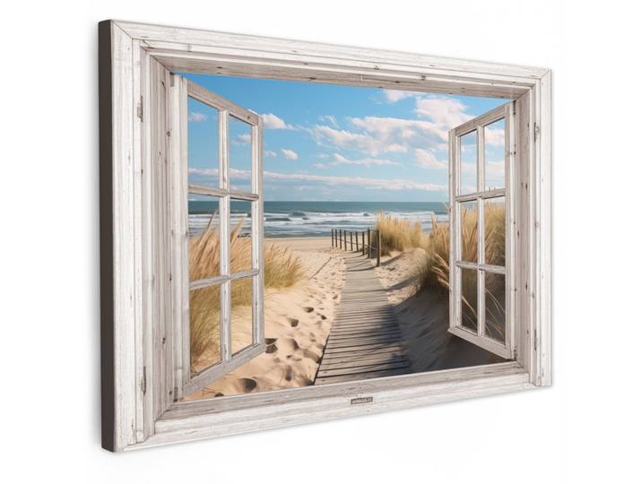 LEINWANDBILD Fenster - Meer - Küste - Natur - Ausblick - Strand - Wattenmeer Gemälde 60x40 cm