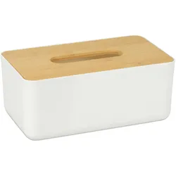 Relaxdays Kosmetiktücher Box fürs Bad, Kunststoff, Holz-Deckel, nachfüllbar, Tücherbox, HBT: 10x23x13 cm, weiß/natur